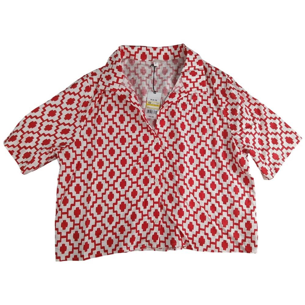 Shade & Shore Swim Cover Up Womens Medium Red Geometric Cropped Collar NWT
